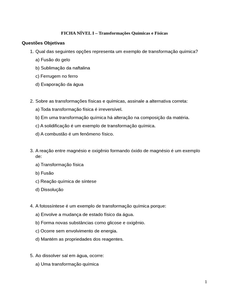 Questões sobre Transformações Químicas e Físicas | PDF | Reações ...