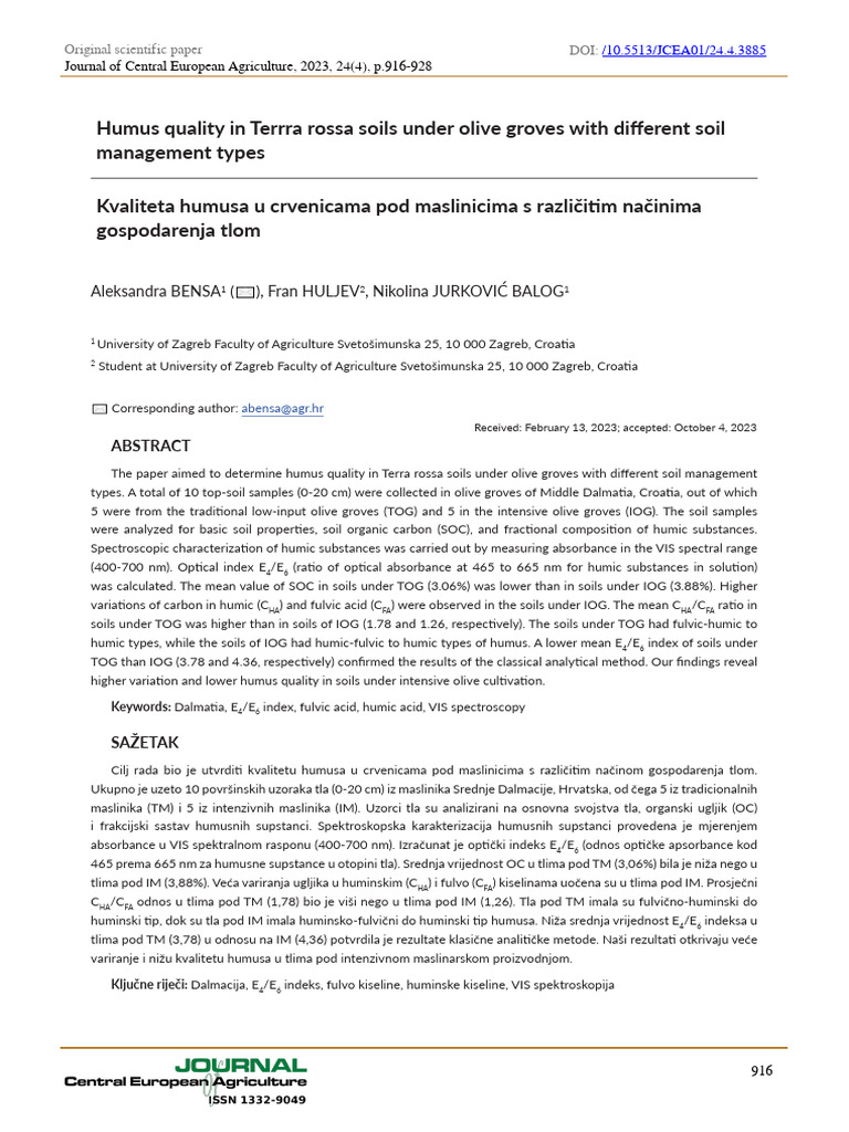 Humus Quality in Terrra Rossa Soils Under Olive Groves With Different ...