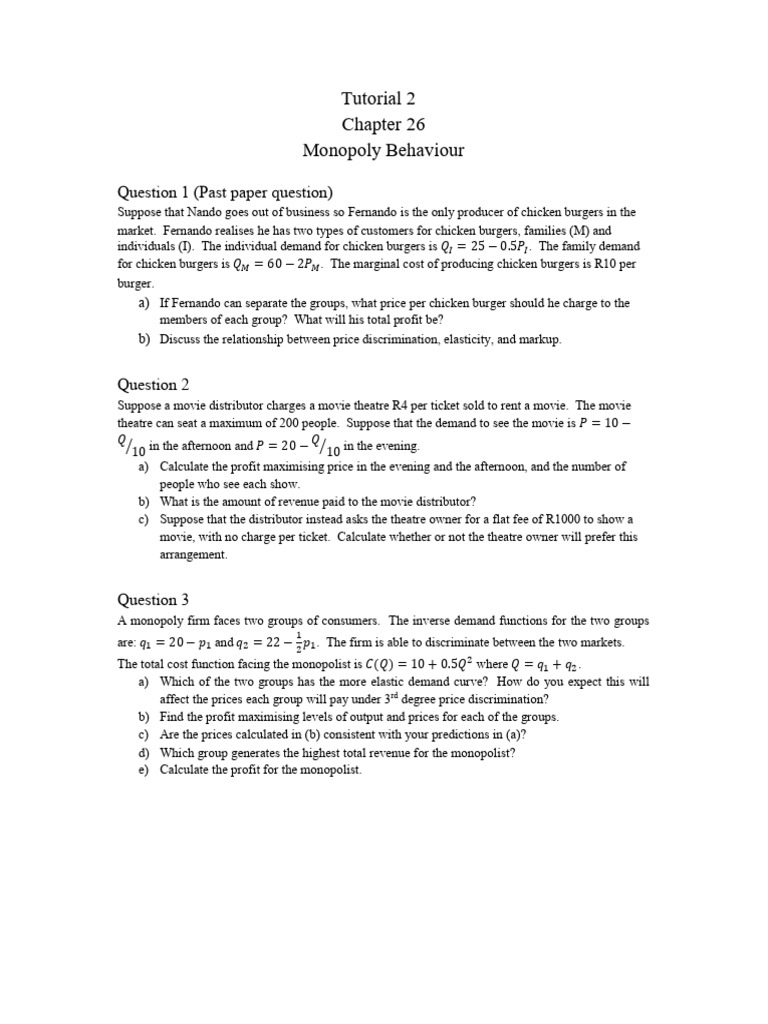 Tutorial+2+Monopoly+Behaviour | PDF | Monopoly | Profit (Economics)