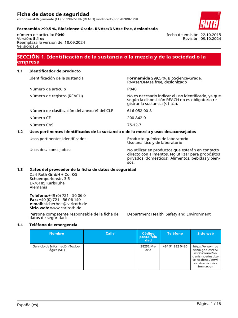 Ficha de Seguridad Formamida P040 REACH | PDF | Residuos | Toxicidad