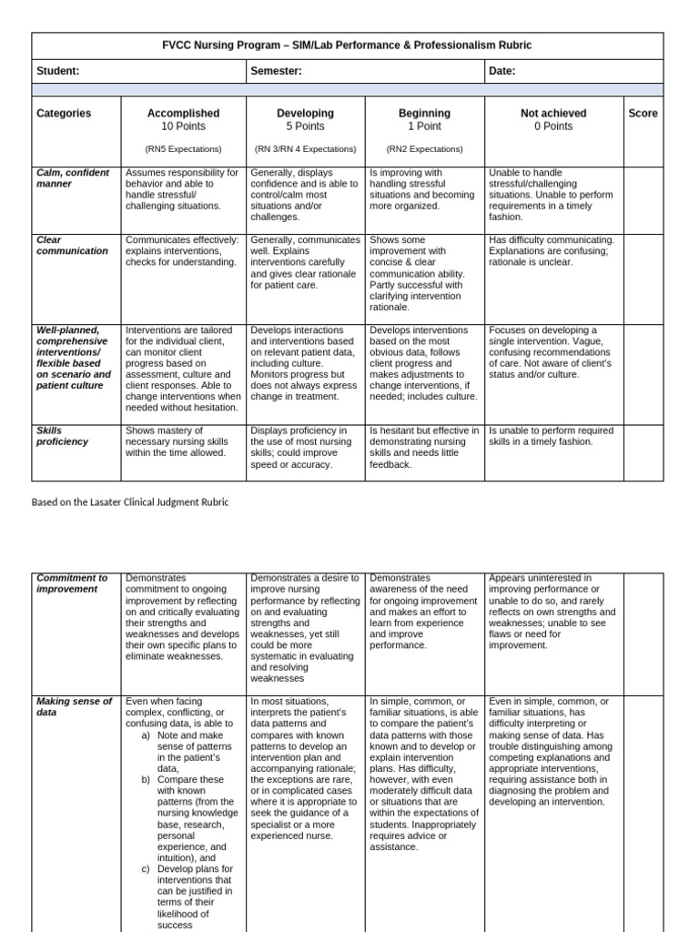 SIMLab Performance & Professionalism Rubric | PDF | Nursing | Data