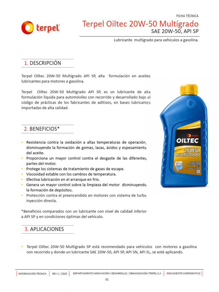 Terpel Oiltec 20W-50: Aceite Multigrado | PDF | Lubricante | Ingeniería ...