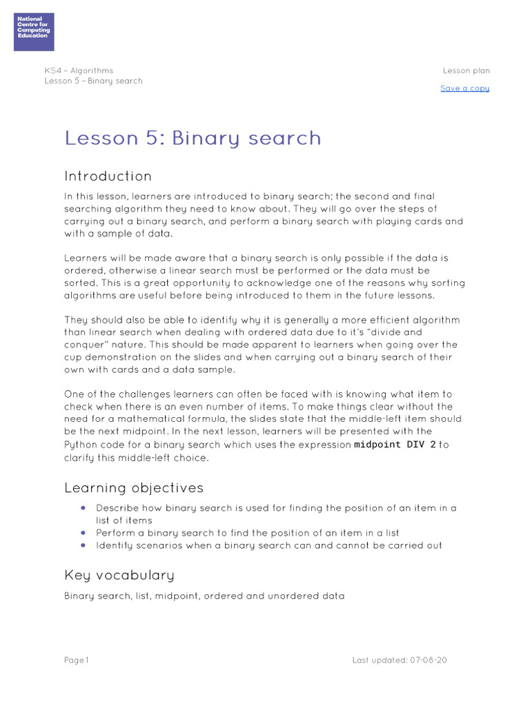 Binary Search Lesson Overview | PDF