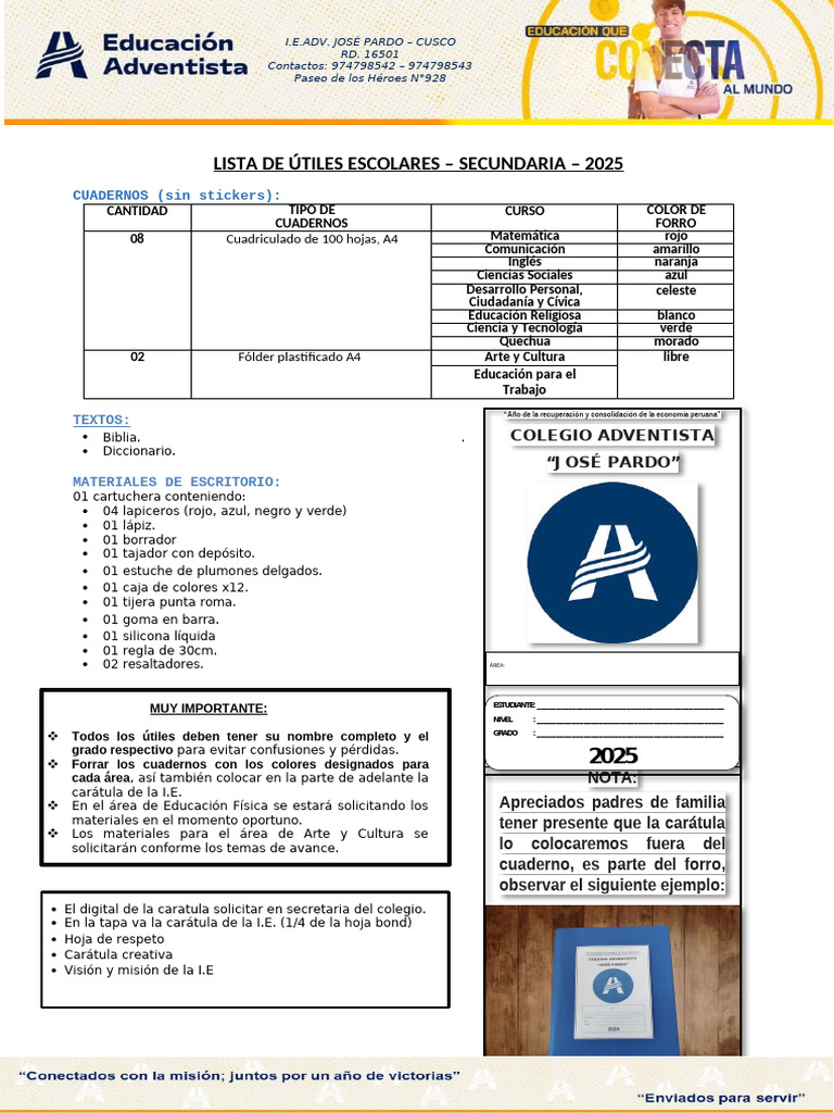 Lista de Útiles Escolares 2025 - Secundaria | PDF