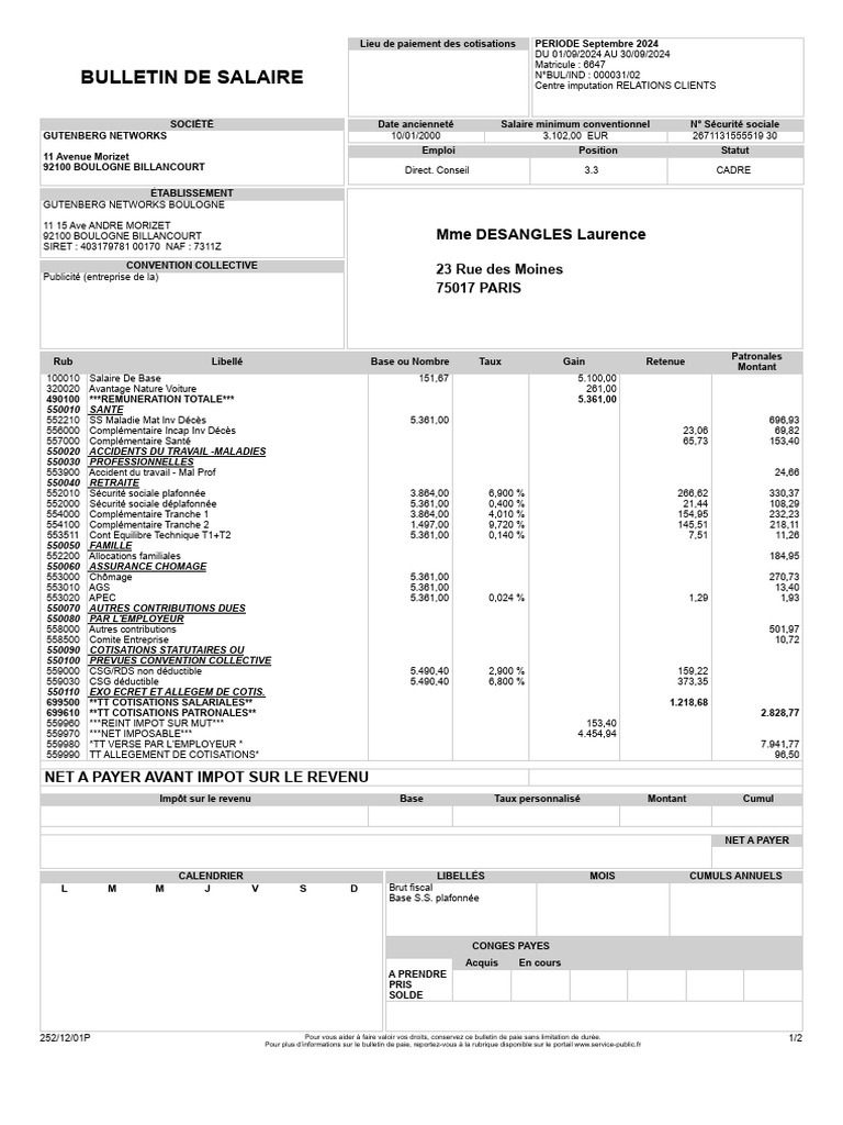 Bulletin de salaire Septembre 2024 | PDF | Impôt sur le revenu ...