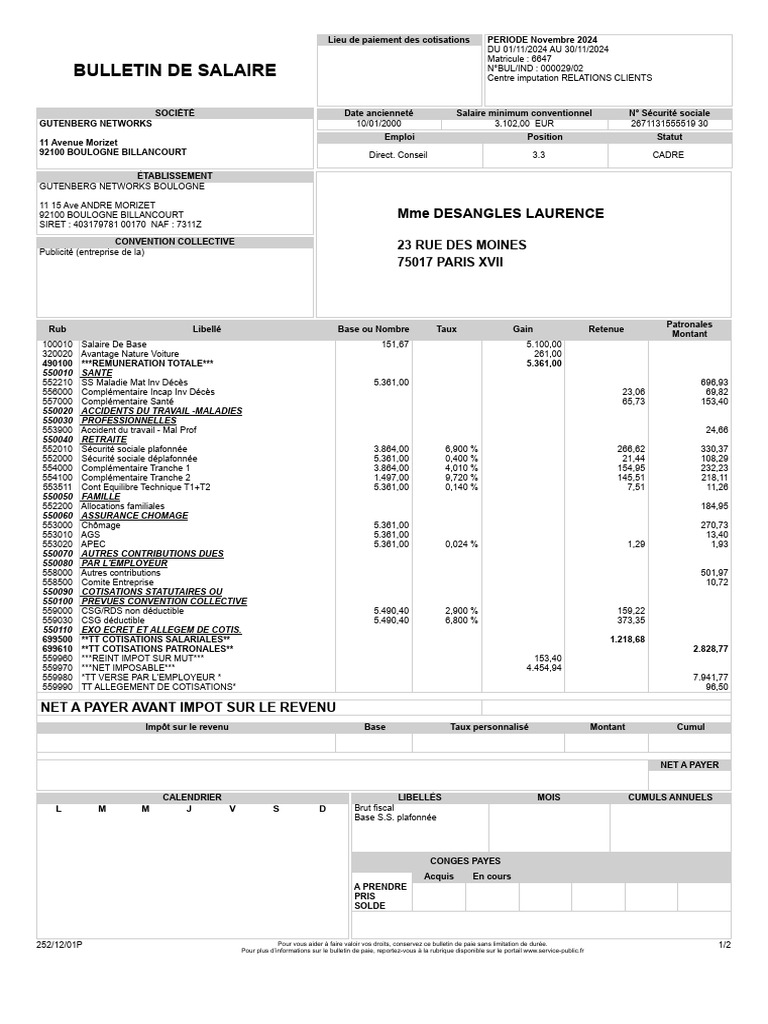 Bulletin de salaire Novembre 2024 | PDF | Impôt sur le revenu ...