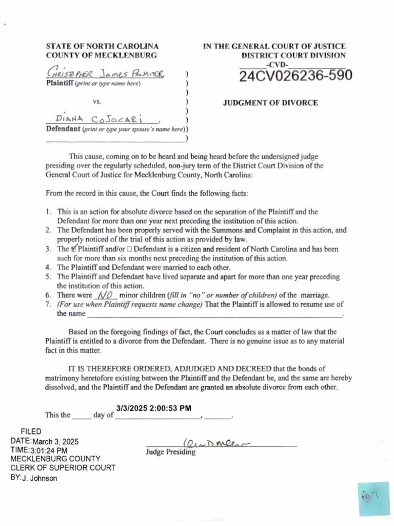 North Carolina Divorce Judgment 2025 | PDF | Divorce | Public Law