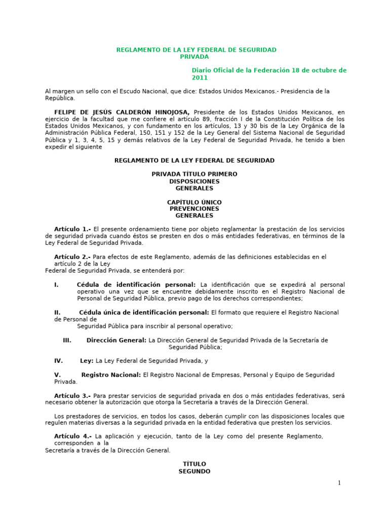 Reglamento de Seguridad Privada en México | PDF | Regulación | México