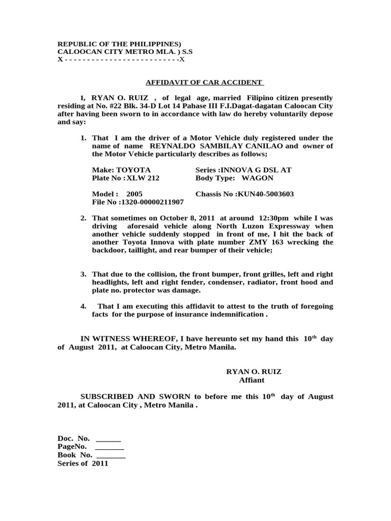 Affidavit of Car Accident in Caloocan | PDF