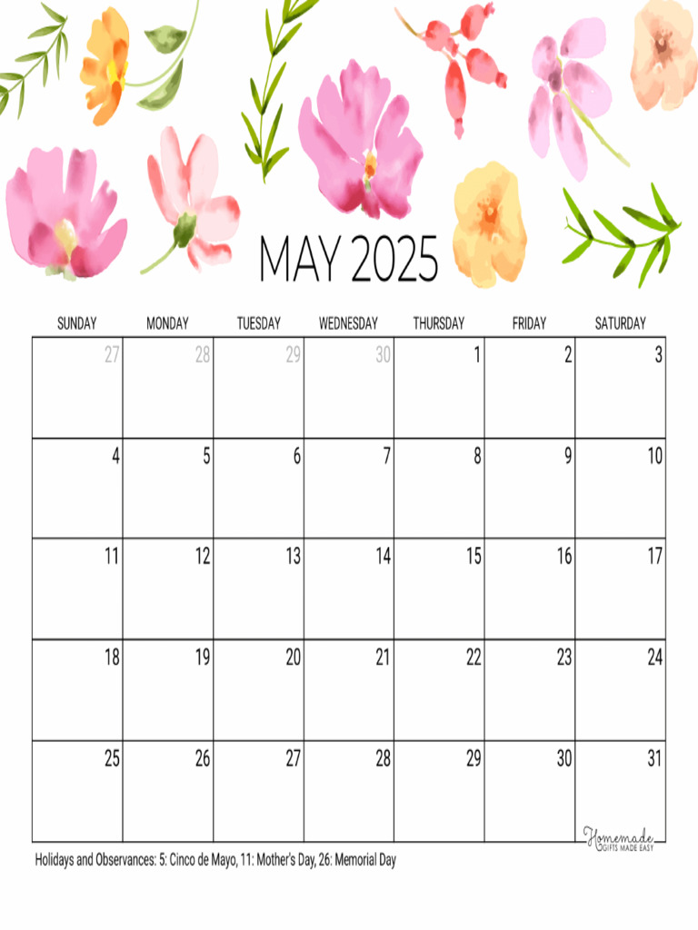 May Calendar 2025 Printable Mothers Day Landscape | PDF