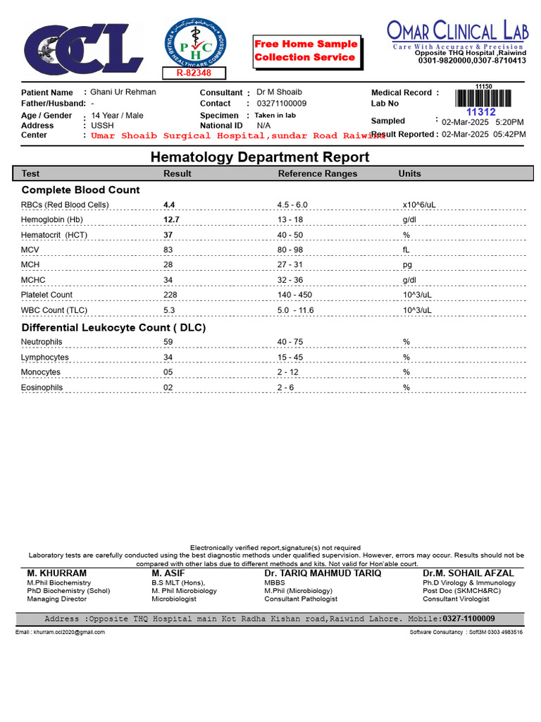 CBC Report Summary for Ghani Ur Rehman | PDF | White Blood Cell | Blood