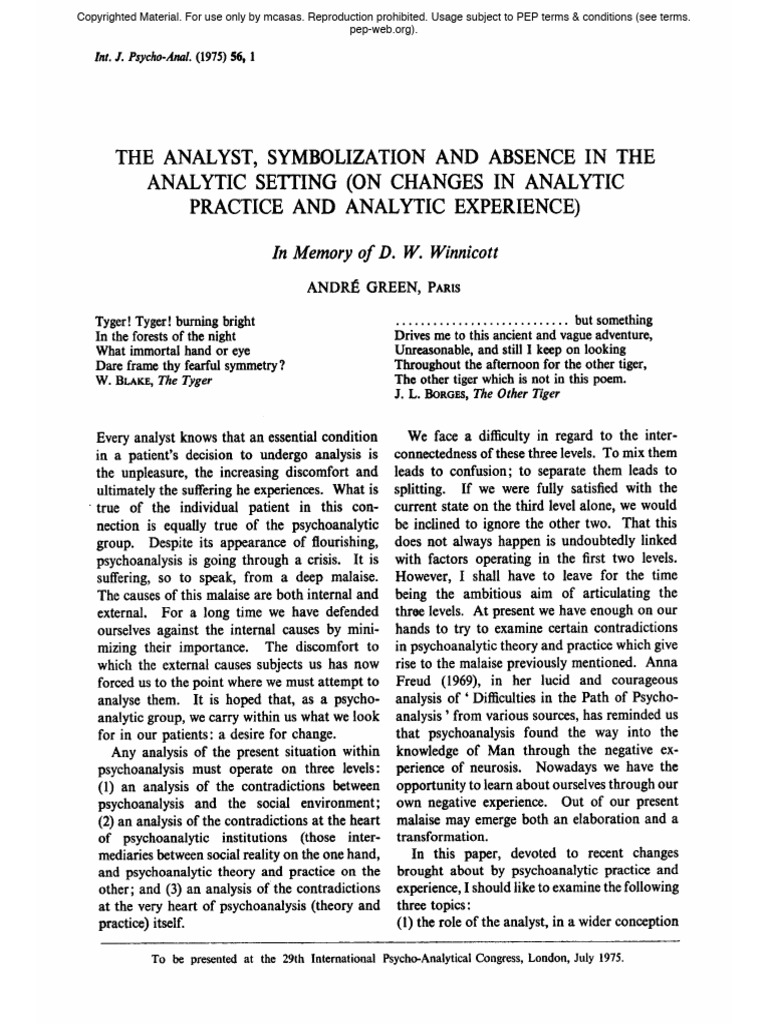 Green A Symbolization and Absence | PDF | Psychoanalysis | Neurosis