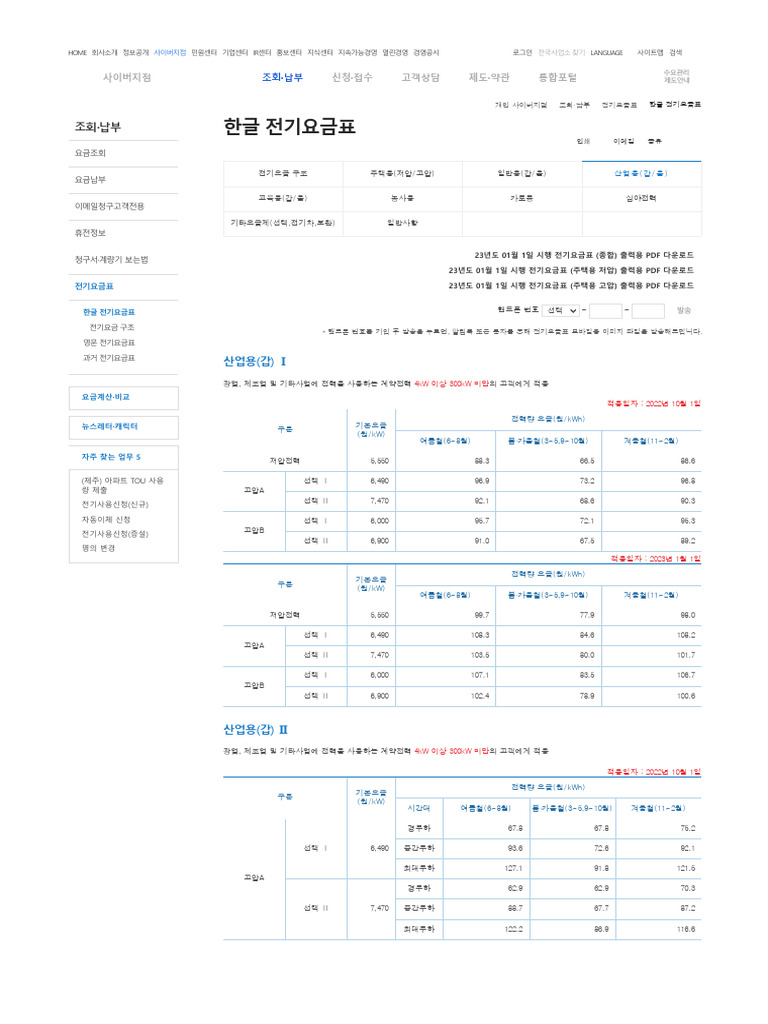 230216 - 한글 전기요금표 (산업용-갑 - 을) - KEPCO | PDF