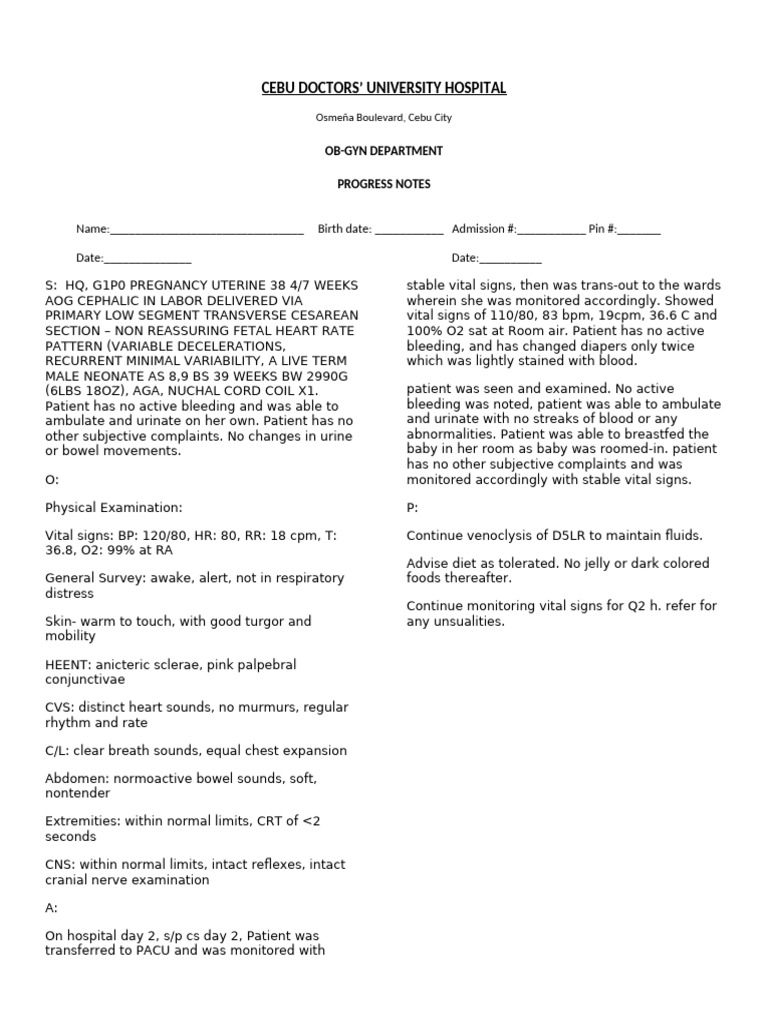 OB-GYN Progress Notes for Cesarean Delivery | PDF | Diseases And ...