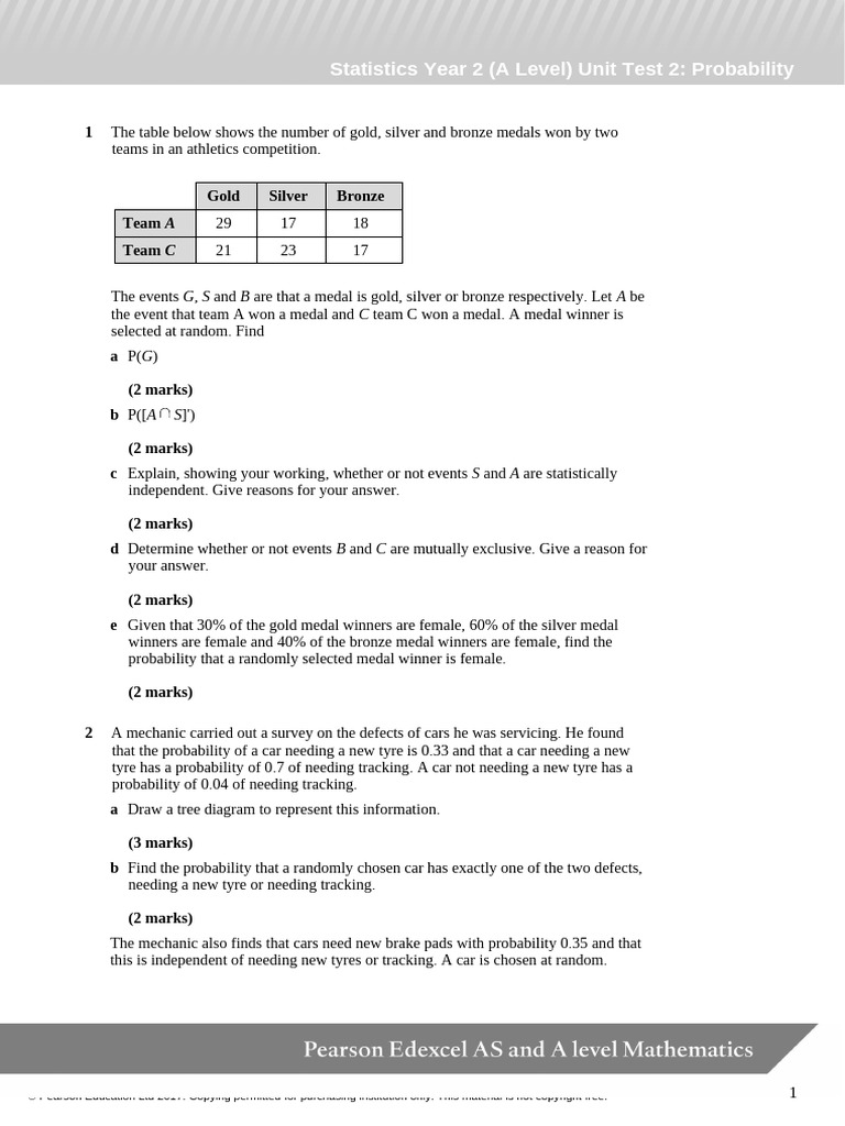 2.4 CH 2 Exam Questions | PDF | Probability | Statistics