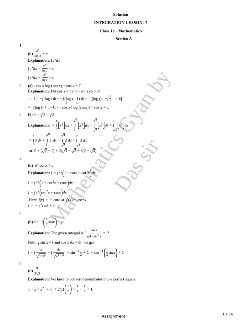 Class 12 Integration Solutions Guide | PDF | Mathematical Analysis ...