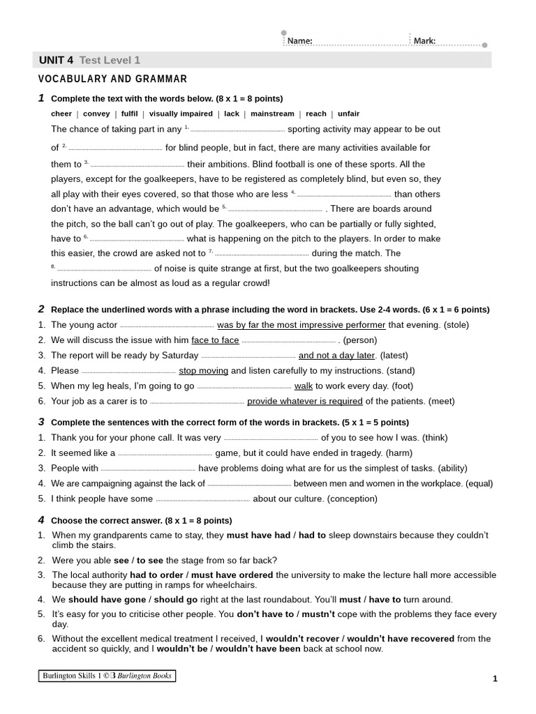 Vocabulary and Grammar Test Guide | PDF | Visual Impairment | Linguistics