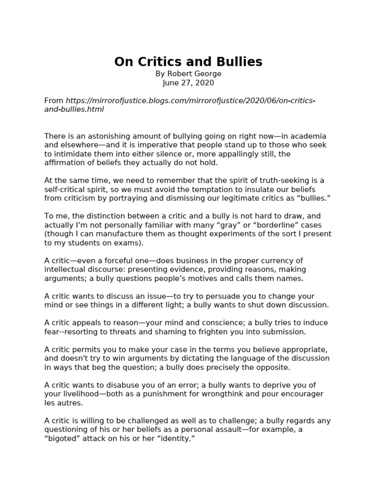 Distinguishing Critics from Bullies | PDF