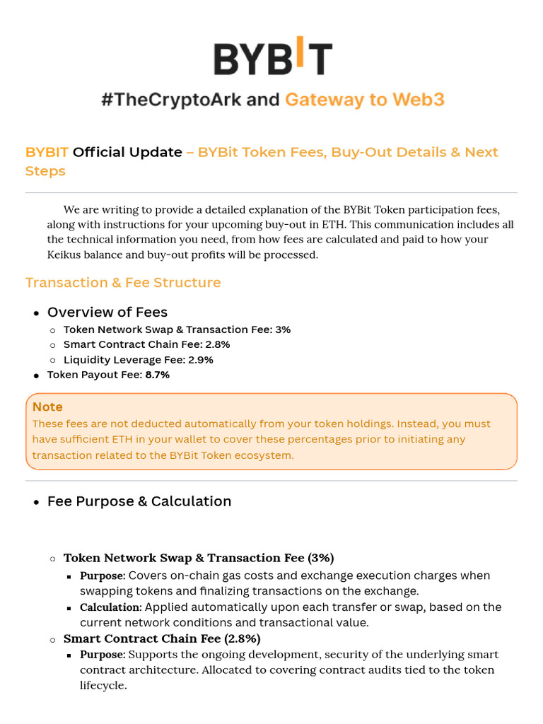 BYBIT Official Update - BYBit Token Fees, Buy-Out Details & Next Steps |  PDF | Cryptocurrency | Fee