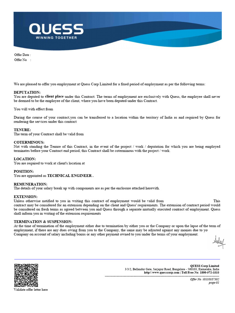 Quess Corp Employment Offer Letter | PDF | Employment | Indemnity