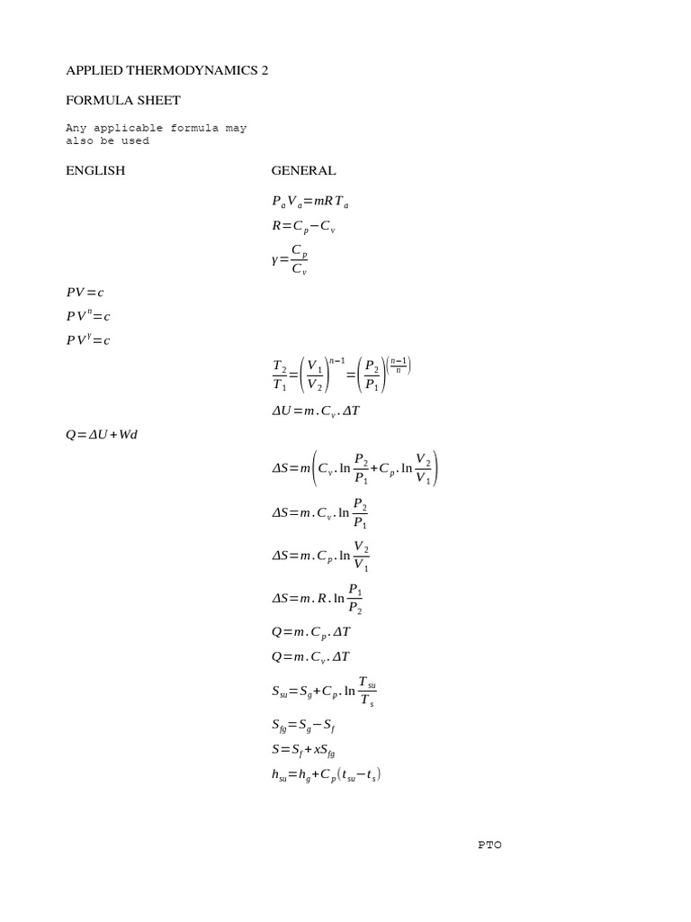 Applied Thermodynamics Formula Sheet | PDF | Thermodynamics | Continuum ...