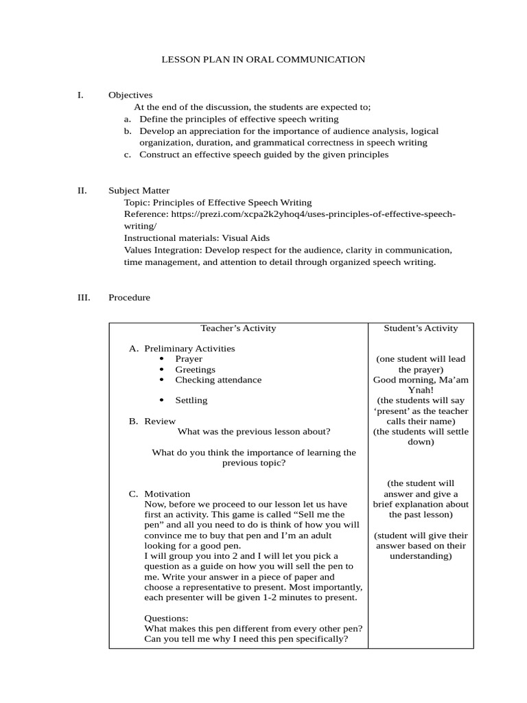 Effective Speech Writing Lesson Plan | PDF | Grammar | Lesson Plan