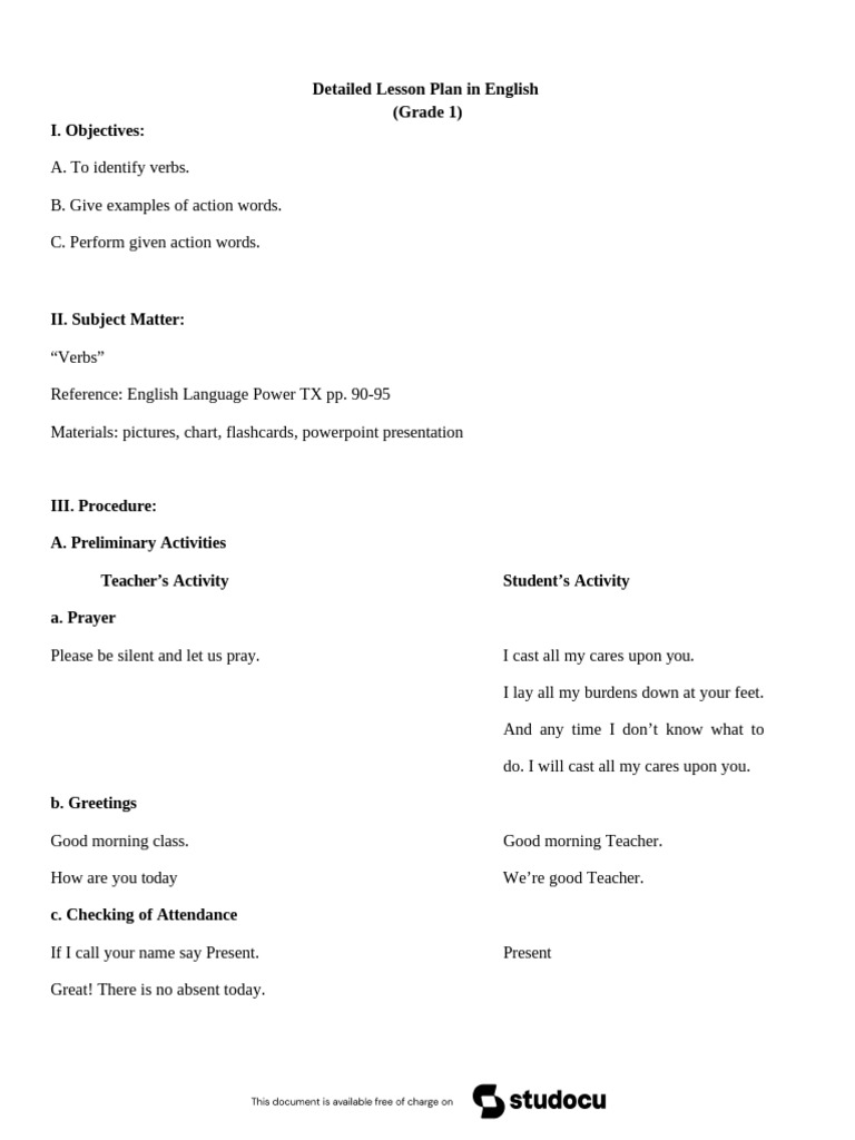 Grade 1 Verbs Lesson Plan Pdf English Language Linguistics