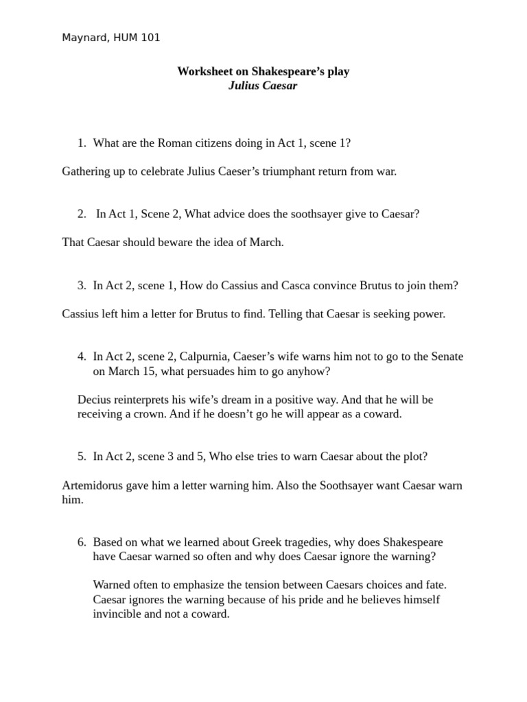 Julius Caesar Worksheet Analysis | PDF