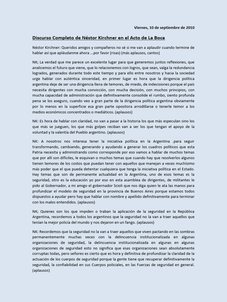 Discurso de Néstor Kirchner en La Boca | PDF | Justicia | Crimen y ...