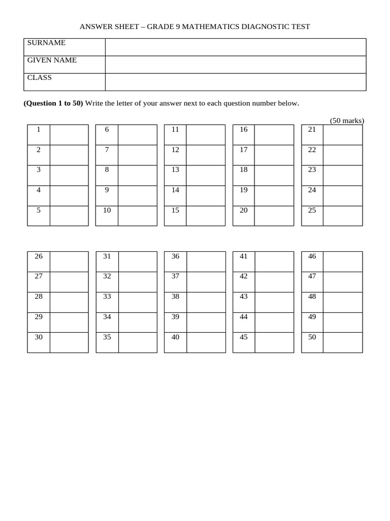 Grade 9 Math Diagnostic Test Answers | PDF