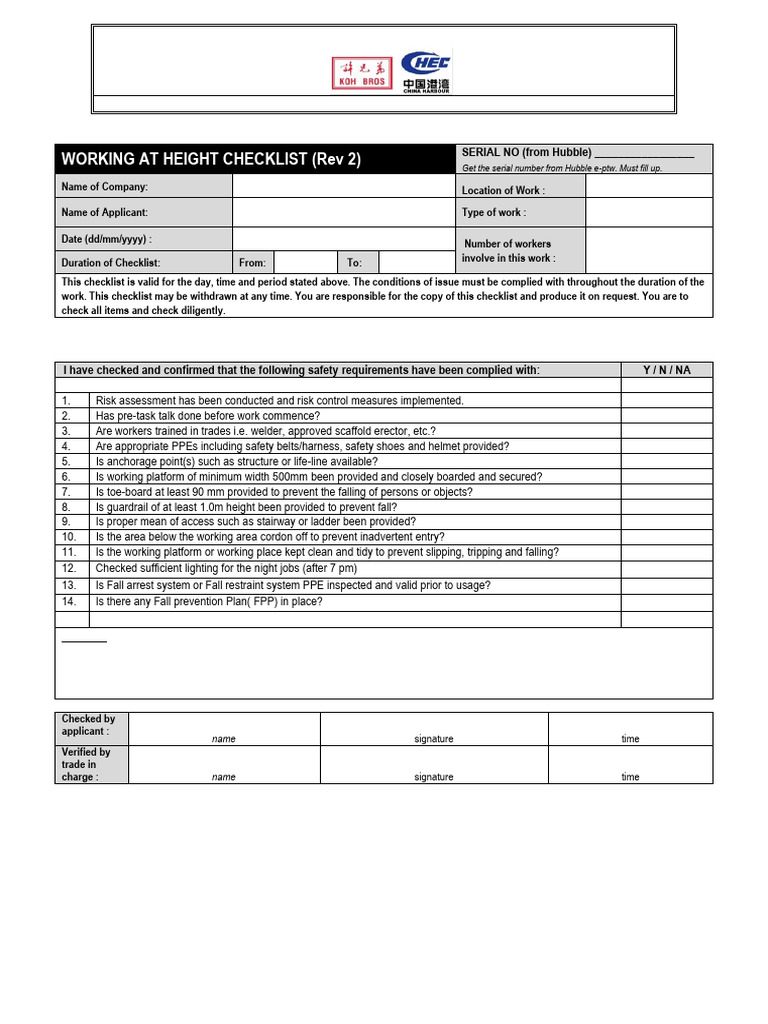 C2A -Work at height Checklist - Rev 2 (1) | PDF | Safety | Occupational ...