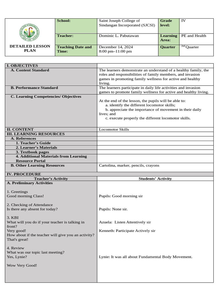 Grade IV PE Lesson Plan on Locomotor Skills | PDF | Teachers ...