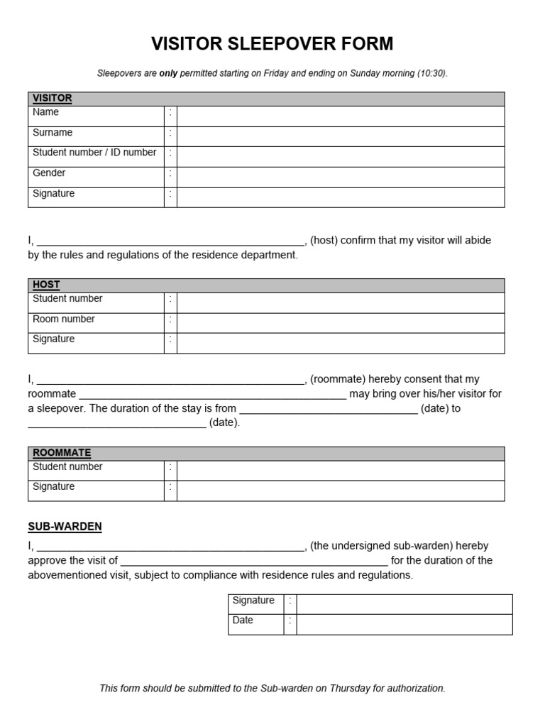 Visitor Sleepover Authorization Form | PDF