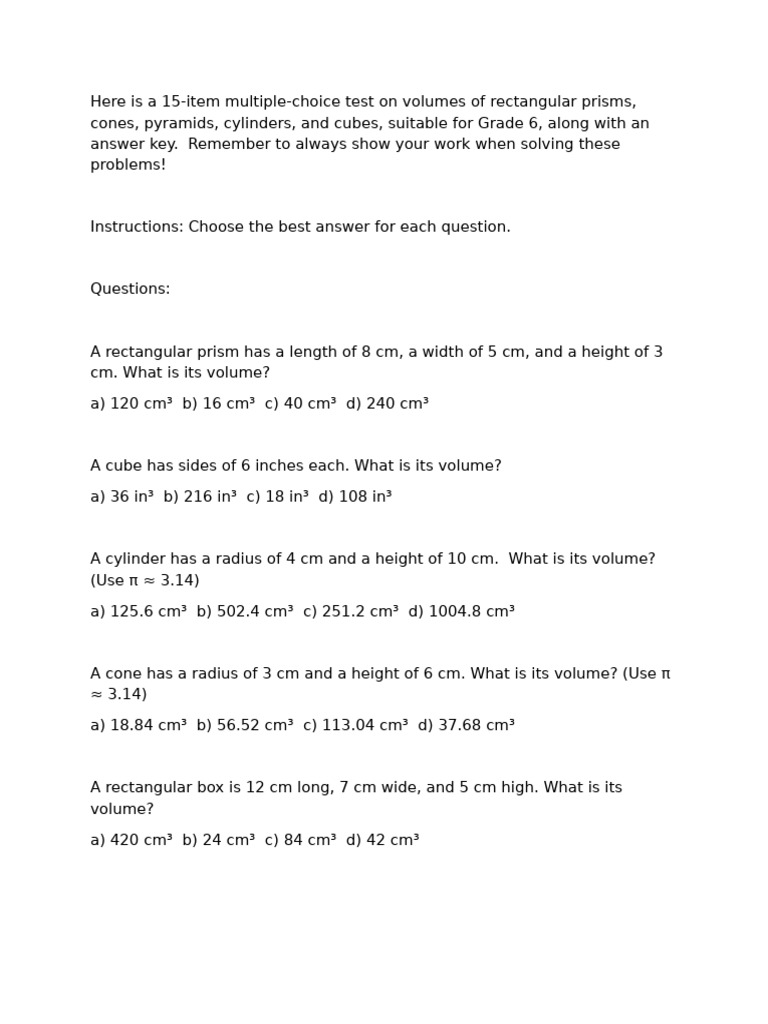 Grade 6 Volume Test with Answers | PDF | Volume | Length