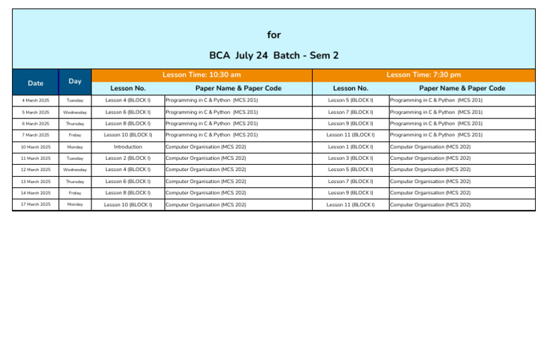 BCA Sem 2 Timetable March 2025 | PDF