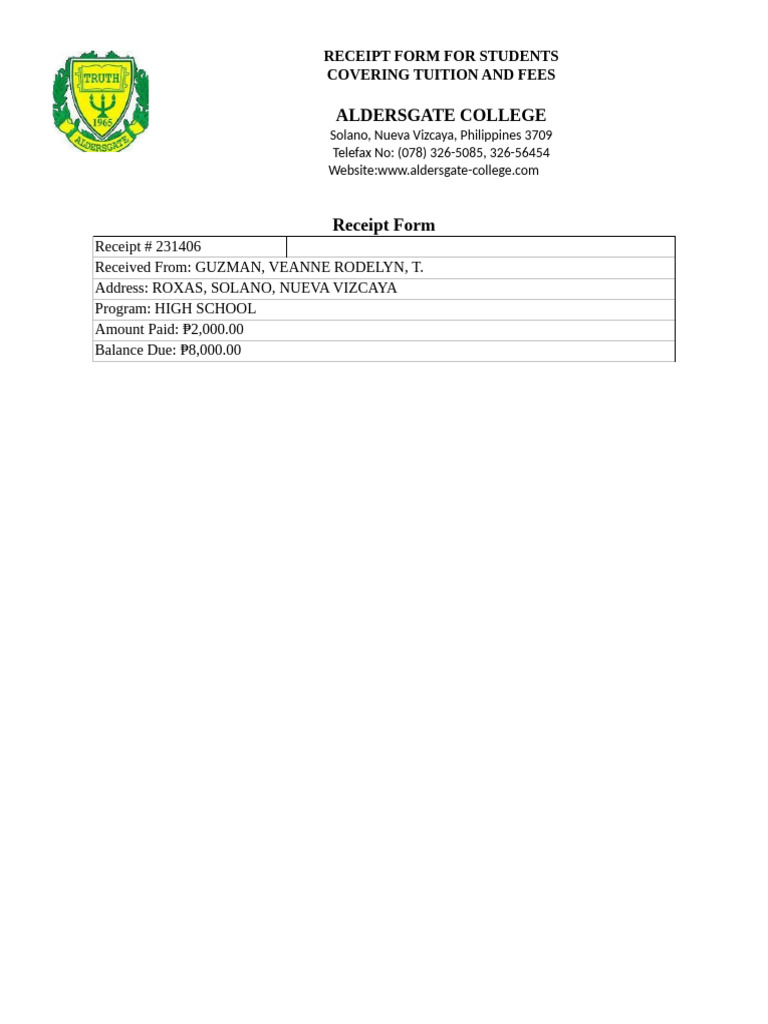 School Tuition Fee Receipt Template | PDF