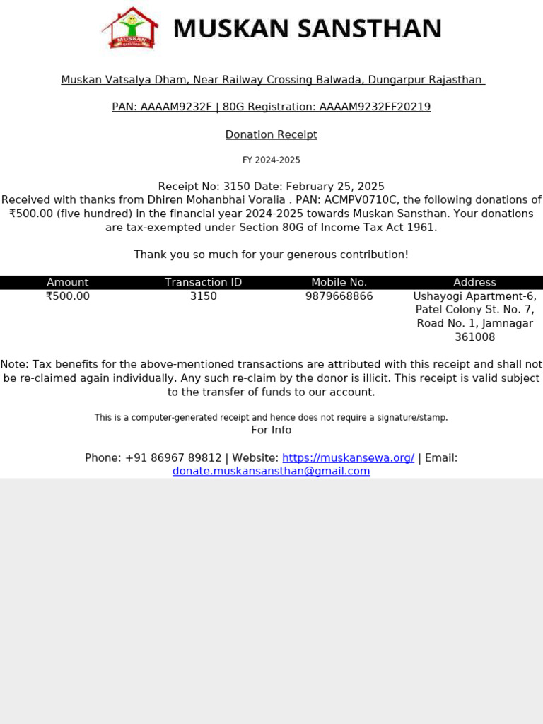 80G Donation Receipt for Muskan Sansthan | PDF