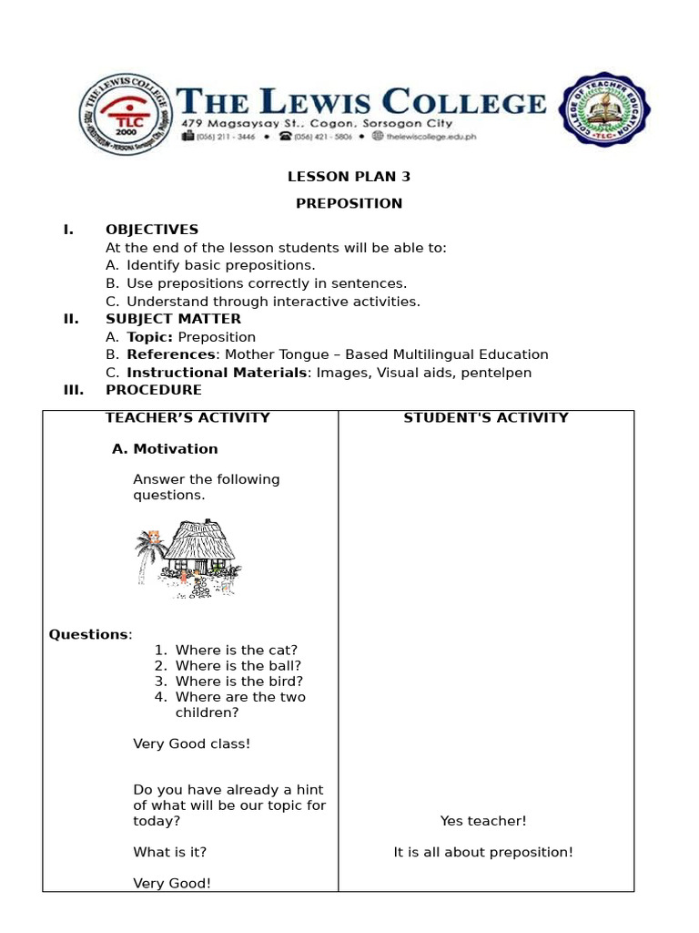 Preposition Lesson Plan Overview | PDF