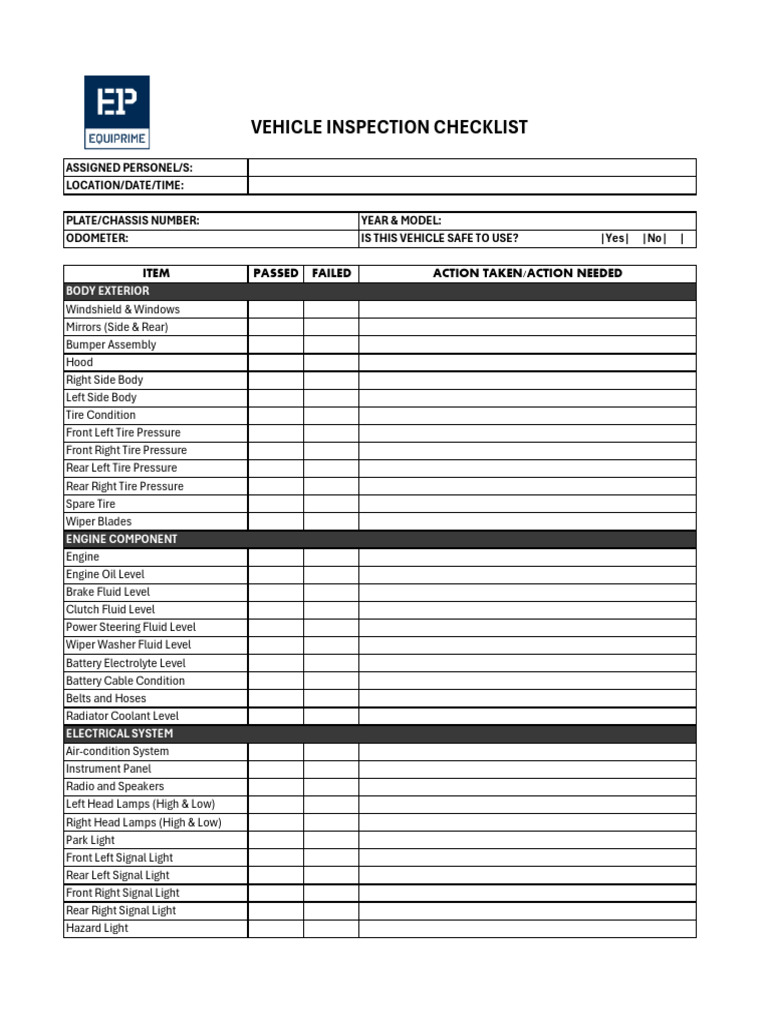 Comprehensive Vehicle Inspection Checklist | PDF