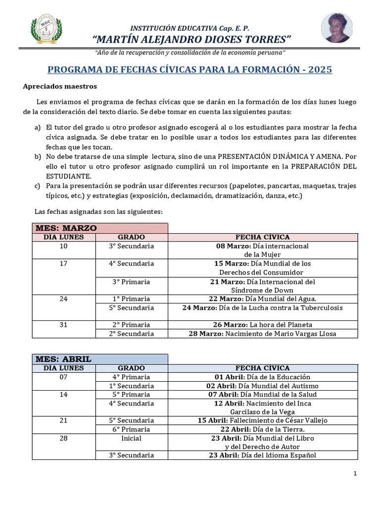 Programa de Fechas Cívicas 2024 - de Marzo A Junio | PDF