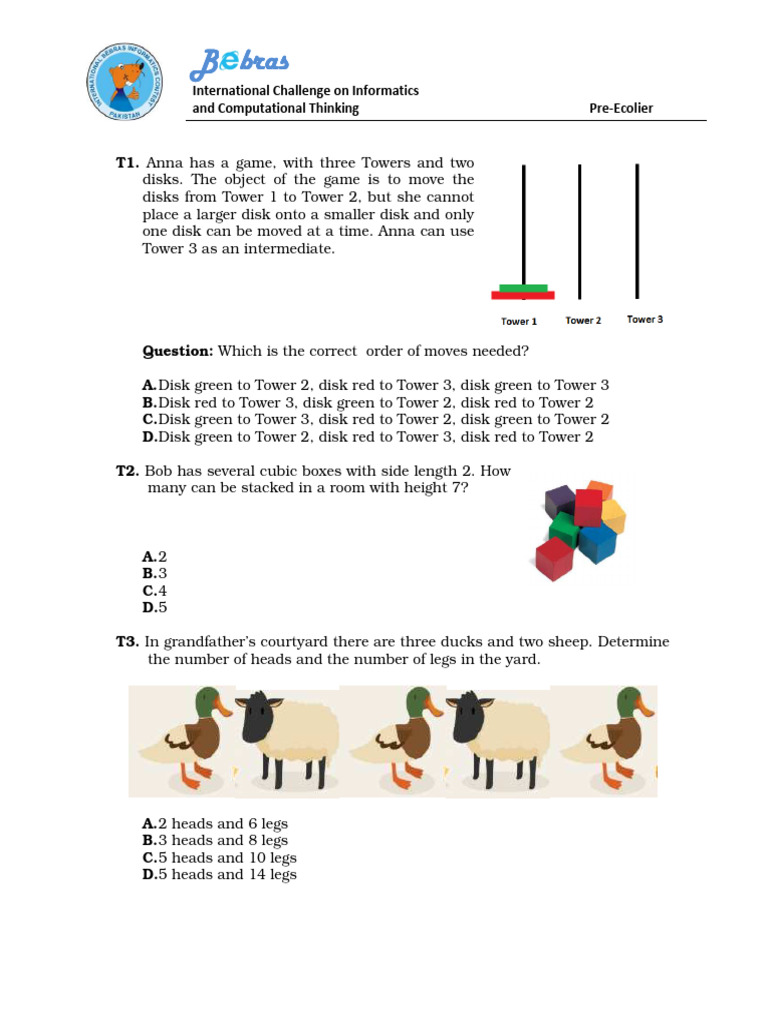 Informatics Challenge: Pre-Ecolier Questions | PDF