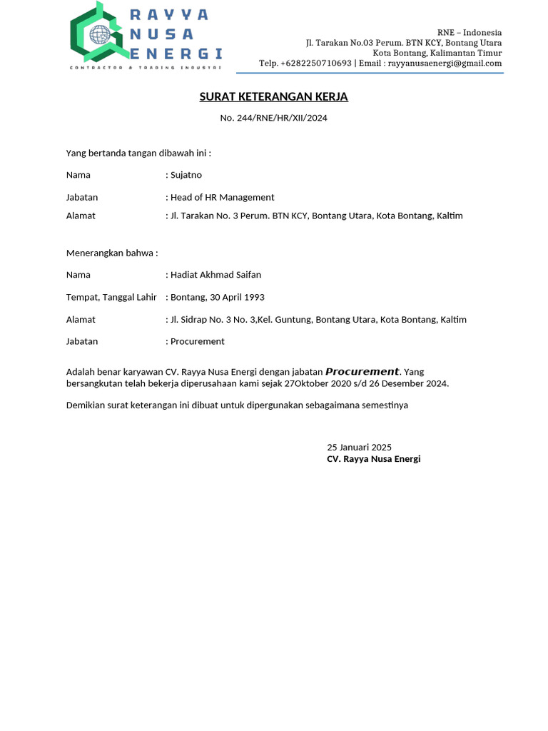 Surat Keterangan Kerja | PDF