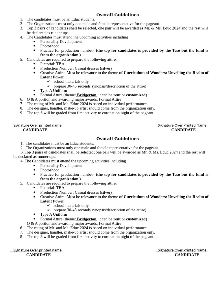 Mr. & Ms. Educ 2024 Pageant Guidelines | PDF | Clothing | Dress Codes