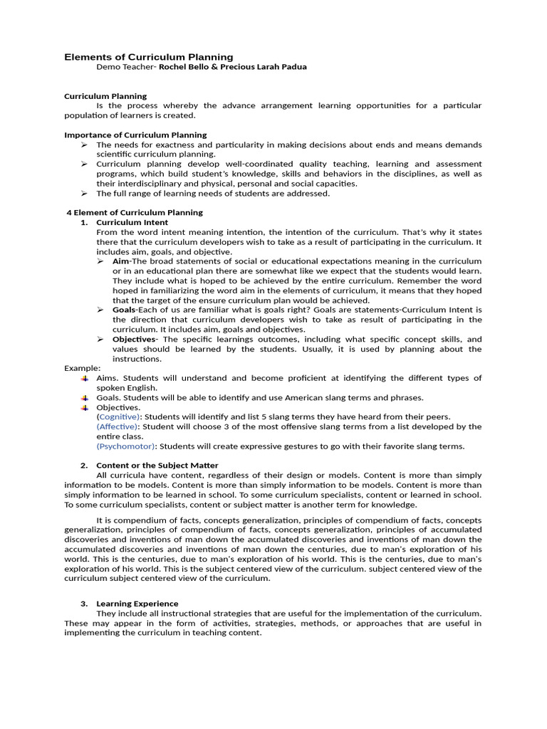 Key Elements of Curriculum Planning | PDF | Curriculum | Educational ...