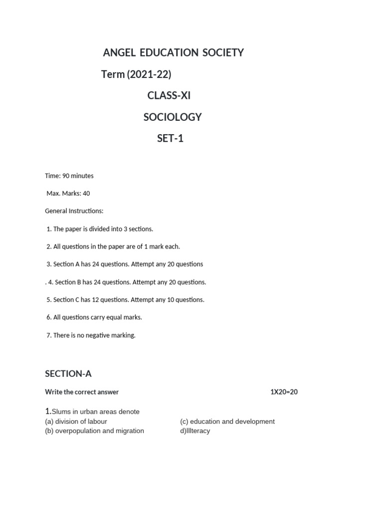 Class XI Sociology Exam Paper 2021-22 | PDF | Socialization | Marriage