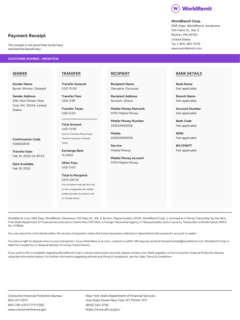 WorldRemit Payment Receipt Details | PDF | Banks | United States Dollar