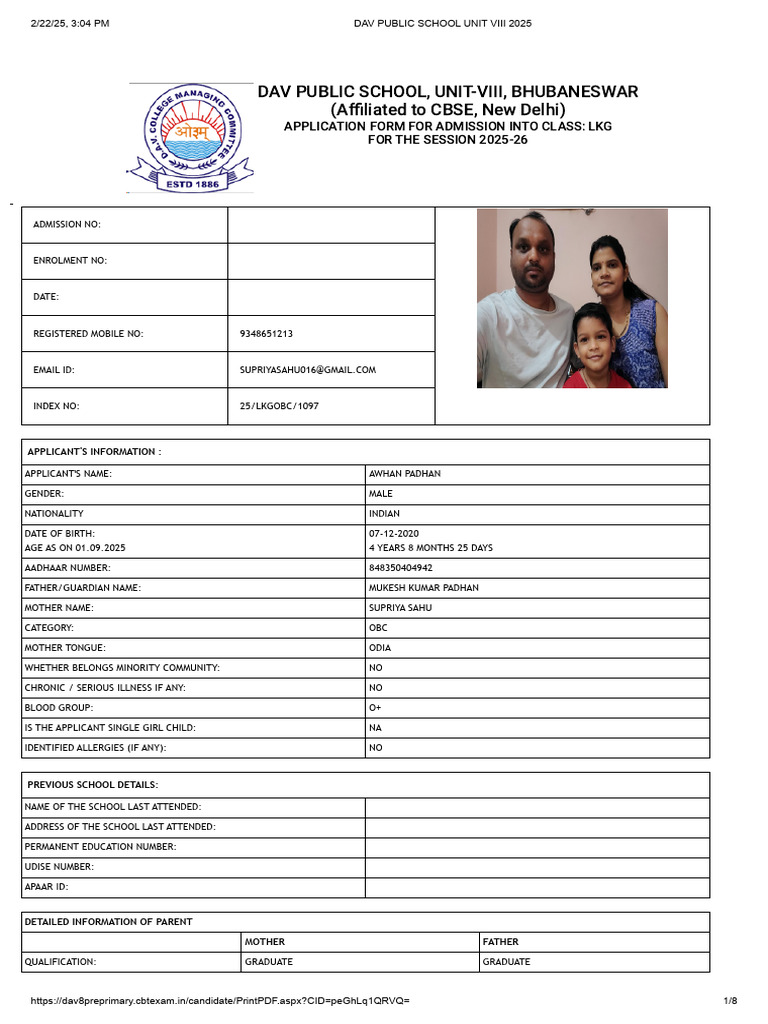 DAV Unit 8 LKG Admission Form 2025-26 | PDF