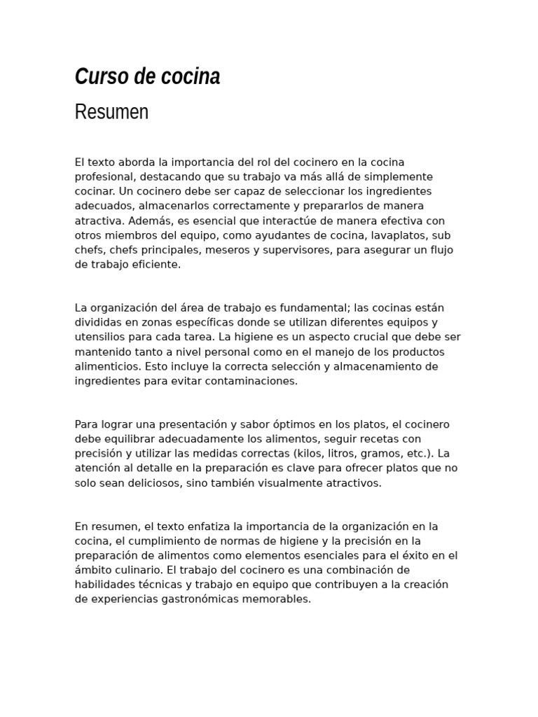 Curso de cocina resumen. PAB | PDF
