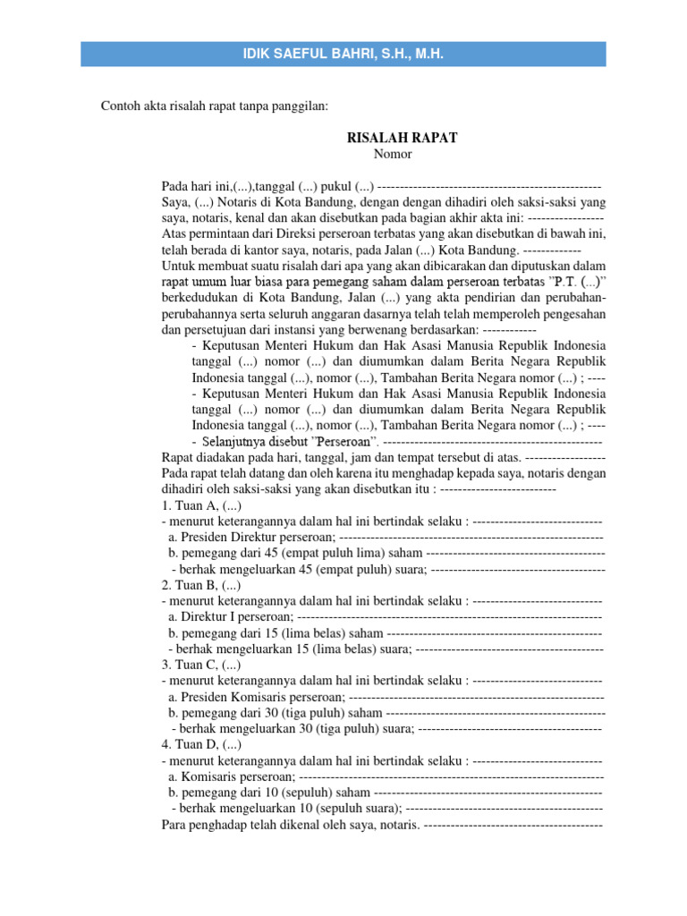 Contoh Akta Risalah Rapat Tanpa Panggila | PDF