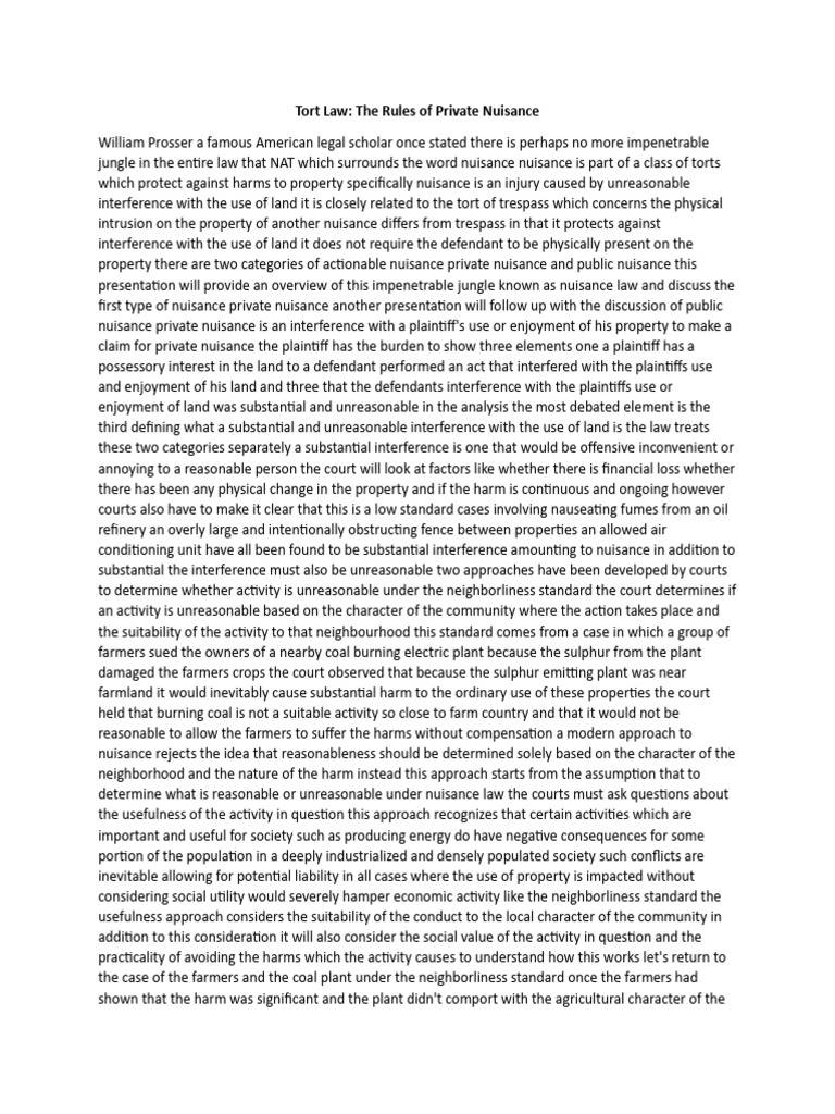 Tort Law The Rules Of Private Nuisance Pdf Nuisance Trespass